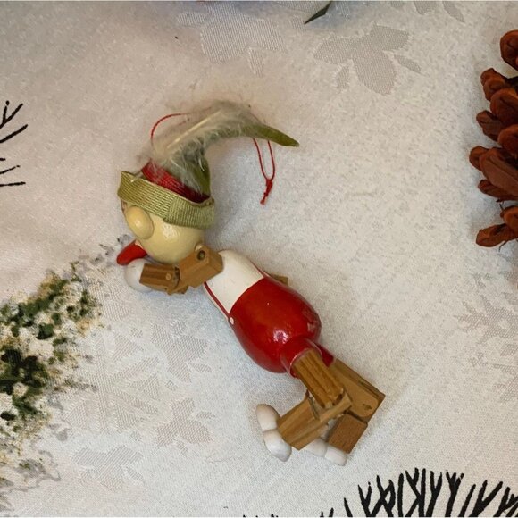 Vintage Christmas Pinocchio Wooden Ornament Hand Painted Feather - Picture 2 of 2